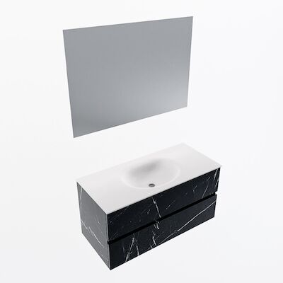 MONDIAZ VICA 100cm badmeubel onderkast Marquina 2 lades. Wastafel Moon midden zonder kraangat, kleur Talc met spiegel LED.
