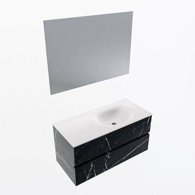 MONDIAZ VICA 100cm badmeubel onderkast Marquina 2 lades. Wastafel Moon rechts zonder kraangat, kleur Talc met spiegel LED.