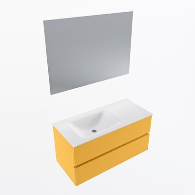 MONDIAZ VICA 100cm badmeubel onderkast Ocher 2 lades. Wastafel CLOUD links zonder kraangat, kleur Talc met spiegel LED.