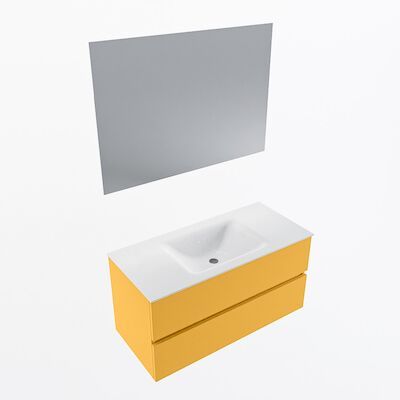 MONDIAZ VICA 100cm badmeubel onderkast Ocher 2 lades. Wastafel CLOUD midden zonder kraangat, kleur Talc met spiegel LED.