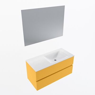 MONDIAZ VICA 100cm badmeubel onderkast Ocher 2 lades. Wastafel CLOUD rechts 1 kraangat, kleur Talc met spiegel LED.