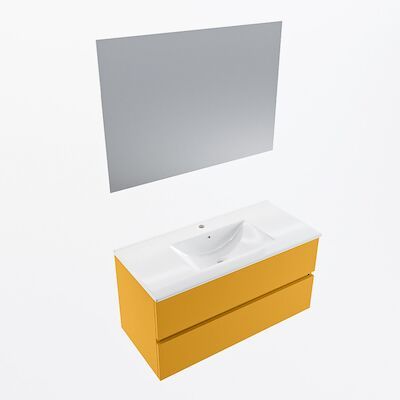 MONDIAZ VICA 100cm badmeubel onderkast Ocher 2 lades. Wastafel Denia midden 1 kraangat, kleur Glanzend Wit met spiegel LED.