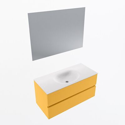 MONDIAZ VICA 100cm badmeubel onderkast Ocher 2 lades. Wastafel Moon midden zonder kraangat, kleur Talc met spiegel LED.