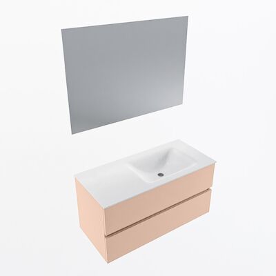 MONDIAZ VICA 100cm badmeubel onderkast Rosee 2 lades. Wastafel CLOUD rechts zonder kraangat, kleur Talc met spiegel LED.