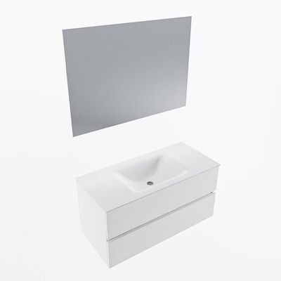 MONDIAZ VICA 100cm badmeubel onderkast Talc 2 lades. Wastafel CLOUD midden zonder kraangat, kleur Talc met spiegel LED.