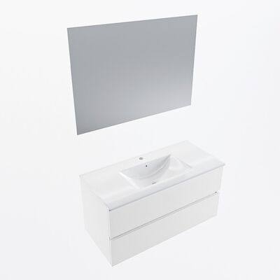 MONDIAZ VICA 100cm badmeubel onderkast Talc 2 lades. Wastafel Denia midden 1 kraangat, kleur Glanzend Wit met spiegel LED.