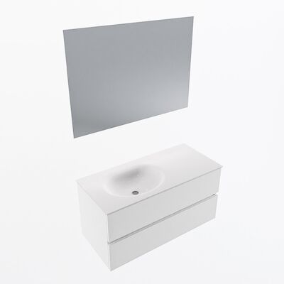 MONDIAZ VICA 100cm badmeubel onderkast Talc 2 lades. Wastafel Moon links 1 kraangat, kleur Talc met spiegel LED.