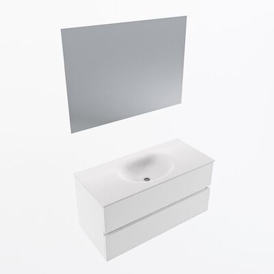 MONDIAZ VICA 100cm badmeubel onderkast Talc 2 lades. Wastafel Moon midden zonder kraangat, kleur Talc met spiegel LED.