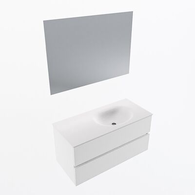MONDIAZ VICA 100cm badmeubel onderkast Talc 2 lades. Wastafel Moon rechts 1 kraangat, kleur Talc met spiegel LED.