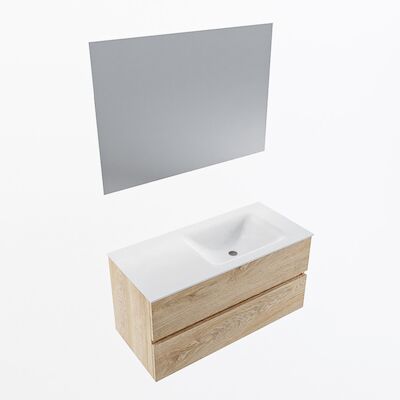 MONDIAZ VICA 100cm badmeubel onderkast Washed Oak 2 lades. Wastafel CLOUD rechts zonder kraangat, kleur Talc met spiegel LED.