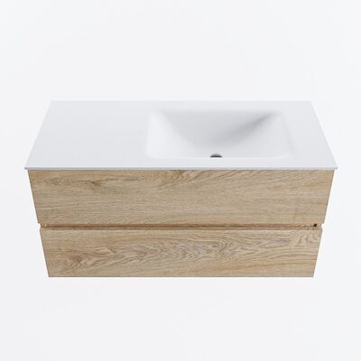 MONDIAZ VICA 100cm badmeubel onderkast Washed Oak 2 lades. Wastafel CLOUD rechts zonder kraangat, kleur Talc.