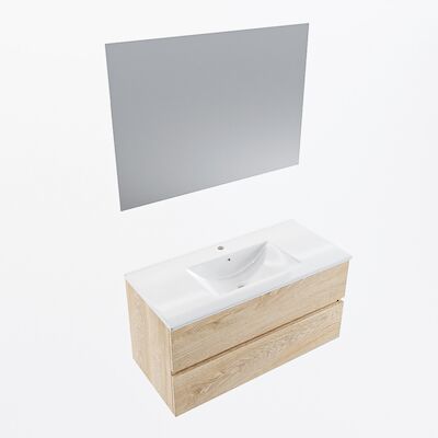 MONDIAZ VICA 100cm badmeubel onderkast Washed Oak 2 lades. Wastafel Denia midden 1 kraangat, kleur Glanzend Wit met spiegel LED.