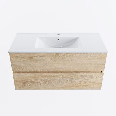 MONDIAZ VICA 100cm badmeubel onderkast Washed Oak 2 lades. Wastafel DENIA midden 1 kraangat, kleur Glanzend Wit.
