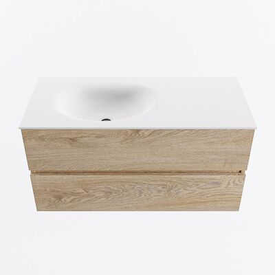 MONDIAZ VICA 100cm badmeubel onderkast Washed Oak 2 lades. Wastafel MOON links 1 kraangat, kleur Talc.