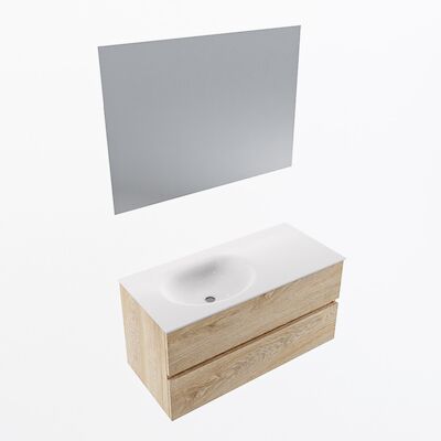 MONDIAZ VICA 100cm badmeubel onderkast Washed Oak 2 lades. Wastafel Moon links zonder kraangat, kleur Talc met spiegel LED.
