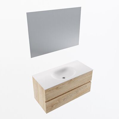 MONDIAZ VICA 100cm badmeubel onderkast Washed Oak 2 lades. Wastafel Moon midden 1 kraangat, kleur Talc met spiegel LED.
