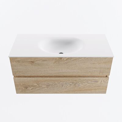 MONDIAZ VICA 100cm badmeubel onderkast Washed Oak 2 lades. Wastafel MOON midden zonder kraangat, kleur Talc.