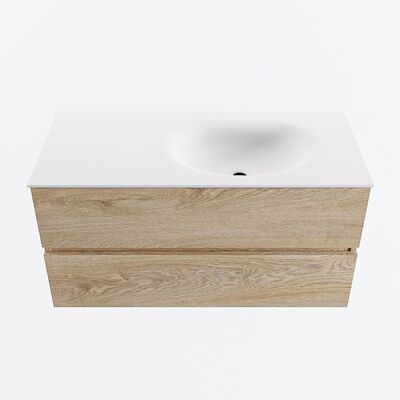 MONDIAZ VICA 100cm badmeubel onderkast Washed Oak 2 lades. Wastafel MOON rechts zonder kraangat, kleur Talc.