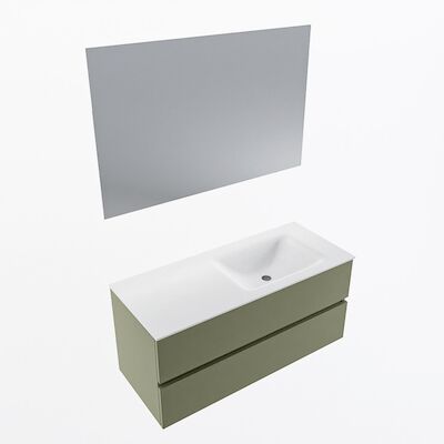 MONDIAZ VICA 110cm badmeubel onderkast Army 2 lades. Wastafel CLOUD rechts zonder kraangat, kleur Talc met spiegel LED.