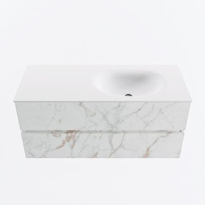 MONDIAZ VICA 110cm badmeubel onderkast Carrara 2 lades. Wastafel MOON rechts 1 kraangat, kleur Talc.