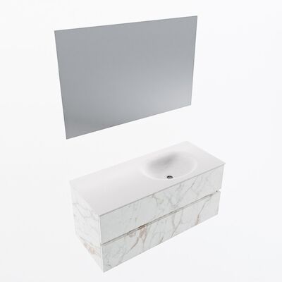 MONDIAZ VICA 110cm badmeubel onderkast Carrara 2 lades. Wastafel Moon rechts zonder kraangat, kleur Talc met spiegel LED.