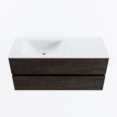 MONDIAZ VICA 110cm badmeubel onderkast Dark Brown 2 lades. Wastafel CLOUD links zonder kraangat, kleur Talc.