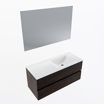 MONDIAZ VICA 110cm badmeubel onderkast Dark Brown 2 lades. Wastafel CLOUD rechts zonder kraangat, kleur Talc met spiegel LED.