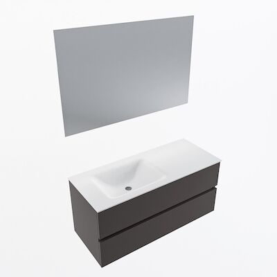 MONDIAZ VICA 110cm badmeubel onderkast Dark Grey 2 lades. Wastafel CLOUD links zonder kraangat, kleur Talc met spiegel LED.