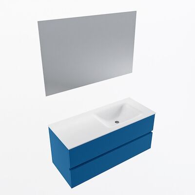 MONDIAZ VICA 110cm badmeubel onderkast Jeans 2 lades. Wastafel CLOUD rechts zonder kraangat, kleur Talc met spiegel LED.