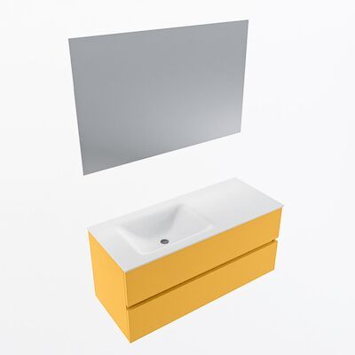 MONDIAZ VICA 110cm badmeubel onderkast Ocher 2 lades. Wastafel CLOUD links zonder kraangat, kleur Talc met spiegel LED.