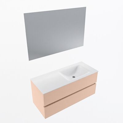 MONDIAZ VICA 110cm badmeubel onderkast Rosee 2 lades. Wastafel CLOUD rechts zonder kraangat, kleur Talc met spiegel LED.