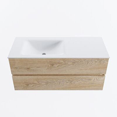 MONDIAZ VICA 110cm badmeubel onderkast Washed Oak 2 lades. Wastafel CLOUD links zonder kraangat, kleur Talc.