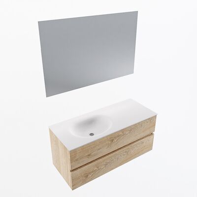 MONDIAZ VICA 110cm badmeubel onderkast Washed Oak 2 lades. Wastafel Moon links zonder kraangat, kleur Talc met spiegel LED.