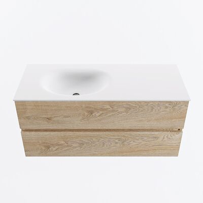 MONDIAZ VICA 110cm badmeubel onderkast Washed Oak 2 lades. Wastafel MOON links zonder kraangat, kleur Talc.