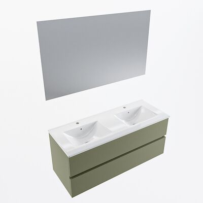 MONDIAZ VICA 120cm badmeubel onderkast Army 2 lades. Wastafel Denia dubbel 2 kraangaten, kleur Glanzend Wit met spiegel LED.