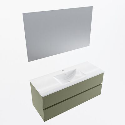 MONDIAZ VICA 120cm badmeubel onderkast Army 2 lades. Wastafel Denia midden 1 kraangat, kleur Glanzend Wit met spiegel LED.