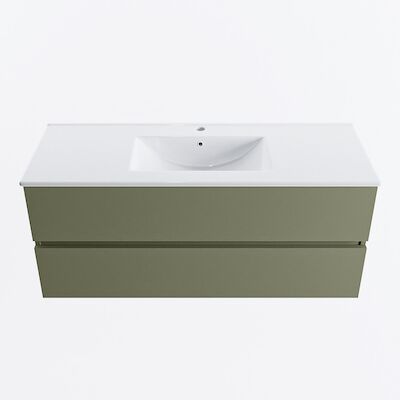 MONDIAZ VICA 120cm badmeubel onderkast Army 2 lades. Wastafel DENIA midden 1 kraangat, kleur Glanzend Wit.