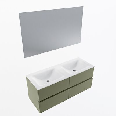 MONDIAZ VICA 120cm badmeubel onderkast Army 4 lades. Wastafel CLOUD dubbel zonder kraangat, kleur Talc met spiegel LED.