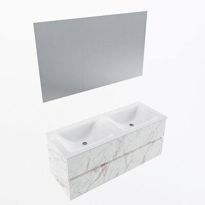MONDIAZ VICA 120cm badmeubel onderkast Carrara 2 lades. Wastafel CLOUD dubbel 2 kraangaten, kleur Talc met spiegel LED.