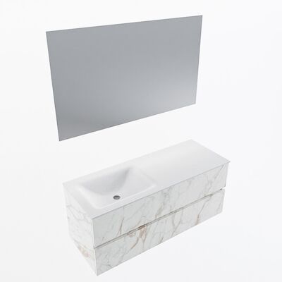 MONDIAZ VICA 120cm badmeubel onderkast Carrara 2 lades. Wastafel CLOUD links 1 kraangat, kleur Talc met spiegel LED.