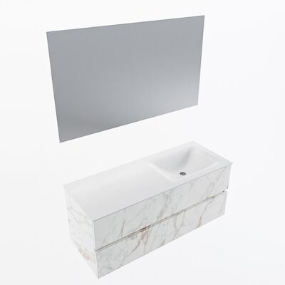 MONDIAZ VICA 120cm badmeubel onderkast Carrara 2 lades. Wastafel CLOUD rechts zonder kraangat, kleur Talc met spiegel LED.