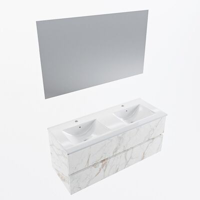 MONDIAZ VICA 120cm badmeubel onderkast Carrara 2 lades. Wastafel Denia dubbel 2 kraangaten, kleur Glanzend Wit met spiegel LED.