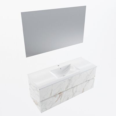 MONDIAZ VICA 120cm badmeubel onderkast Carrara 2 lades. Wastafel Denia midden 1 kraangat, kleur Glanzend Wit met spiegel LED.