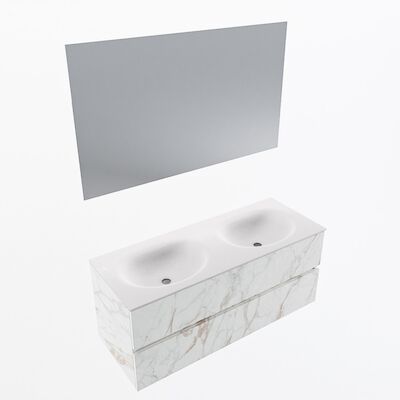 MONDIAZ VICA 120cm badmeubel onderkast Carrara 2 lades. Wastafel Moon dubbel 2 kraangaten, kleur Talc met spiegel LED.