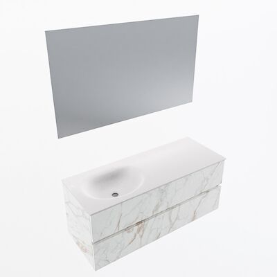 MONDIAZ VICA 120cm badmeubel onderkast Carrara 2 lades. Wastafel Moon links 1 kraangat, kleur Talc met spiegel LED.