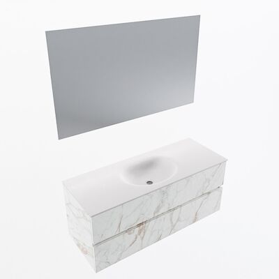 MONDIAZ VICA 120cm badmeubel onderkast Carrara 2 lades. Wastafel Moon midden 1 kraangat, kleur Talc met spiegel LED.