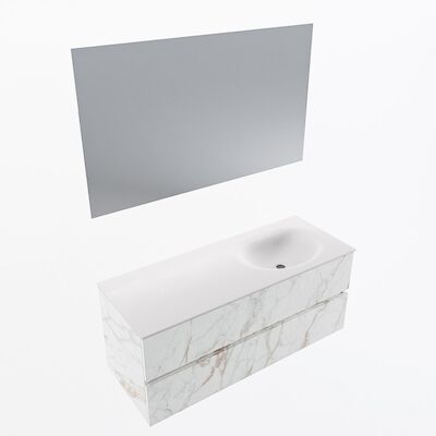 MONDIAZ VICA 120cm badmeubel onderkast Carrara 2 lades. Wastafel Moon rechts zonder kraangat, kleur Talc met spiegel LED.