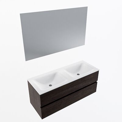 MONDIAZ VICA 120cm badmeubel onderkast Dark Brown 2 lades. Wastafel CLOUD dubbel zonder kraangat, kleur Talc met spiegel LED.