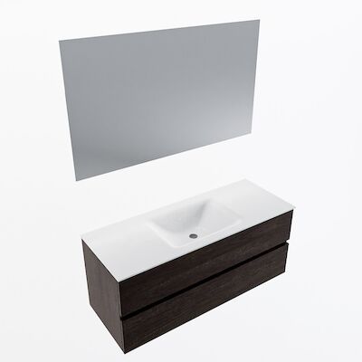 MONDIAZ VICA 120cm badmeubel onderkast Dark Brown 2 lades. Wastafel CLOUD midden zonder kraangat, kleur Talc met spiegel LED.