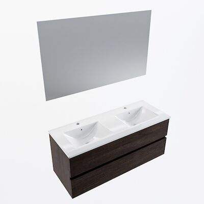 MONDIAZ VICA 120cm badmeubel onderkast Dark Brown 2 lades. Wastafel Denia dubbel 2 kraangaten, kleur Glanzend Wit met spiegel LED.